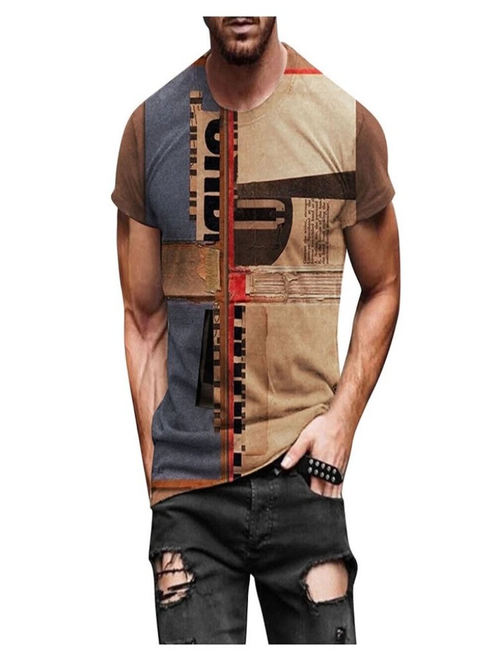 T-Shirt Mens Vintage Printed Short Sleeve Blouse Summer Casual Fitness Tops Tee - Picture 2 of 12